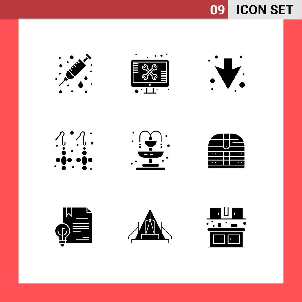 Set of 9 Vector Solid Glyphs on Grid for life jewelry tools gemstone earring Editable Vector Design Elements