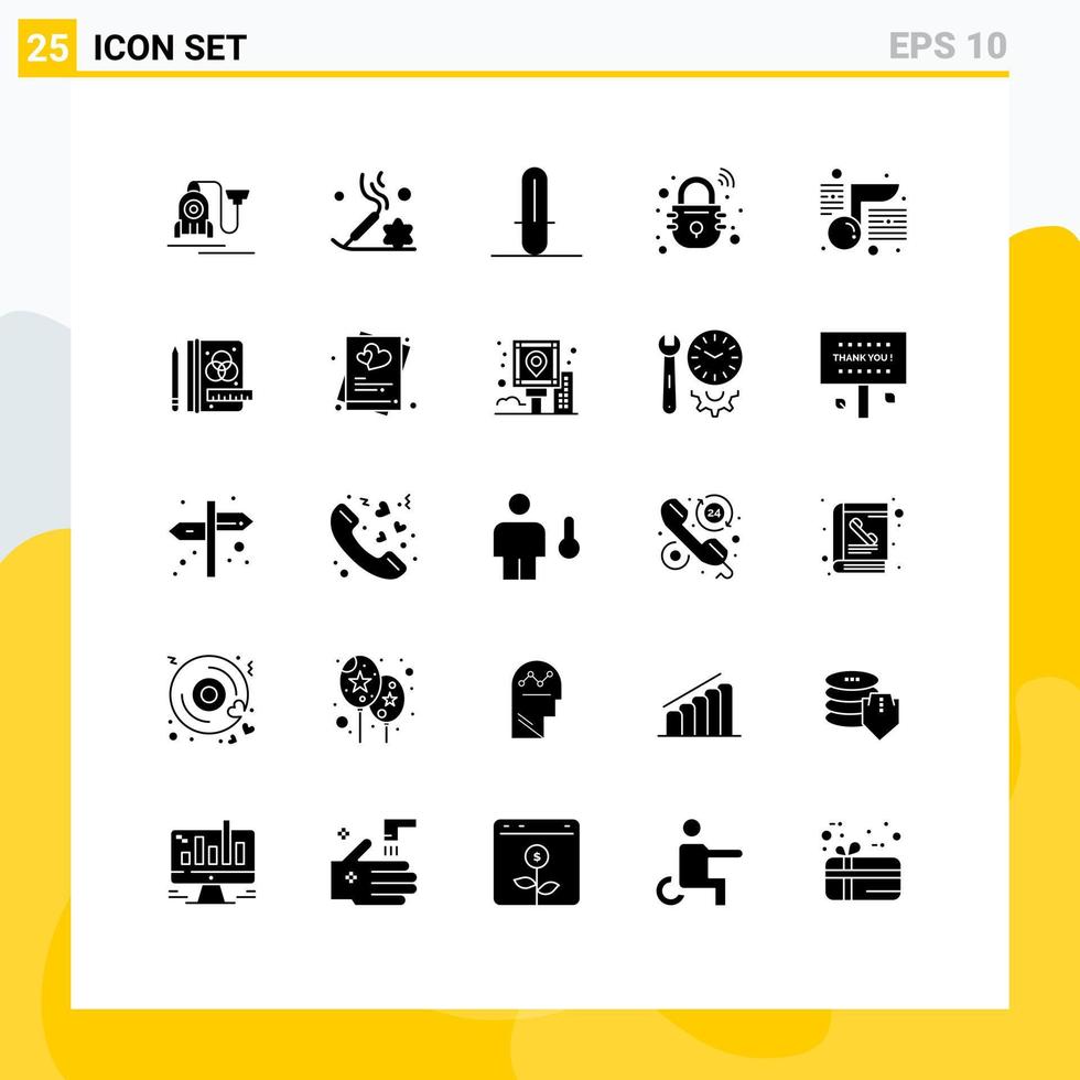 User Interface Pack of 25 Basic Solid Glyphs of education music light saber secure lock Editable Vector Design Elements