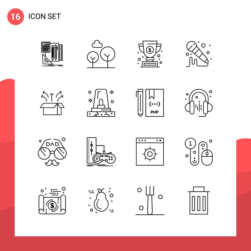 Pack of 16 Universal Outline Icons for Print Media on White Background vector