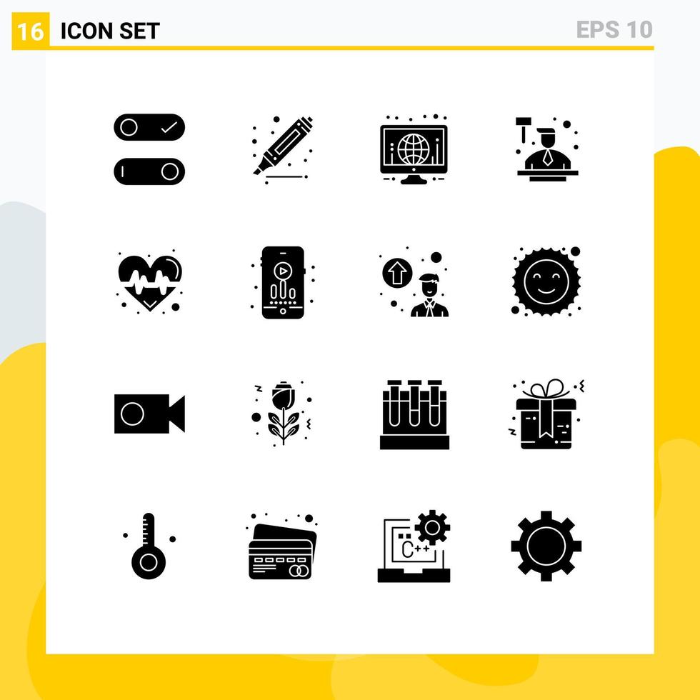 Modern Set of 16 Solid Glyphs Pictograph of science beat screen pulse hitting Editable Vector Design Elements