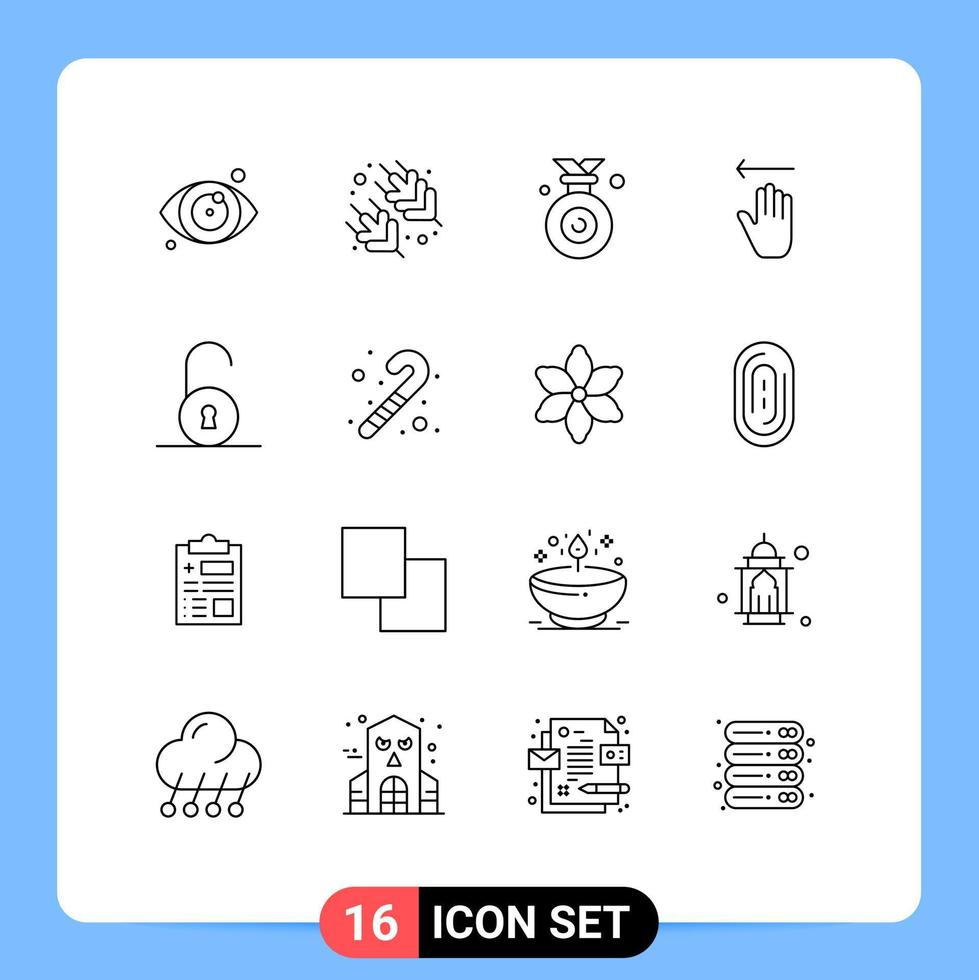 Mobile Interface Outline Set of 16 Pictograms of candy cane circular winner unlocked gestures Editable Vector Design Elements