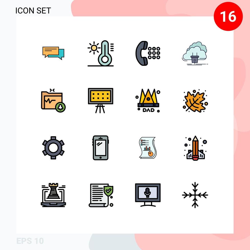 Group of 16 Flat Color Filled Lines Signs and Symbols for network connection sun cloud dial Editable Creative Vector Design Elements