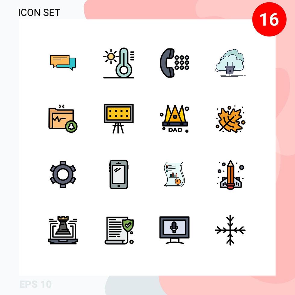 grupo de 16 líneas llenas de color plano signos y símbolos para conexión de red sol nube dial elementos de diseño de vectores creativos editables