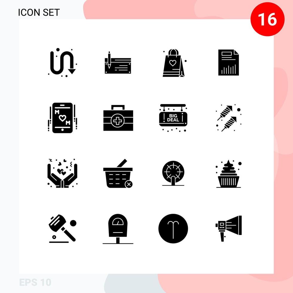 Universal Icon Symbols Group of 16 Modern Solid Glyphs of chart document finance bag hobbies Editable Vector Design Elements