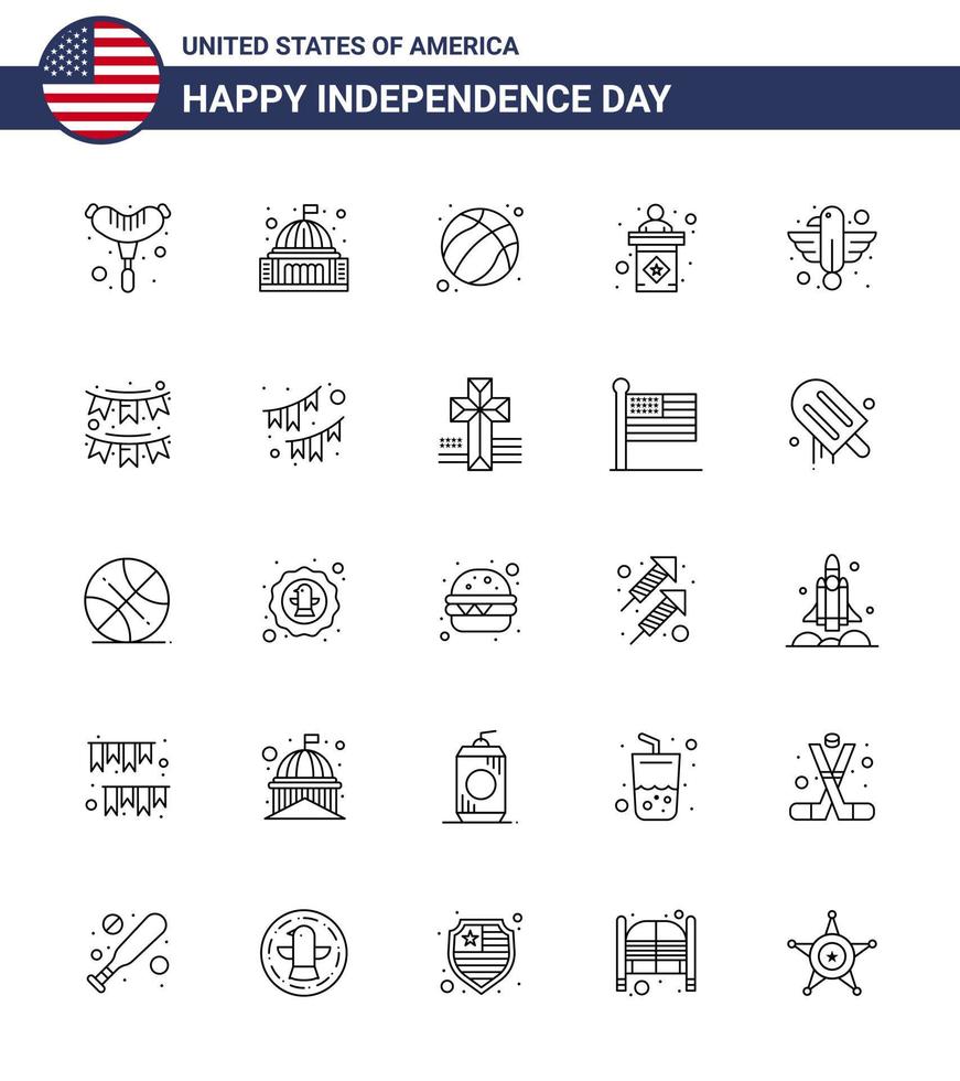 feliz día de la independencia de estados unidos conjunto de pictogramas de 25 líneas simples de signo animal etapa americana elementos de diseño de vector de día de estados unidos editables de estados unidos