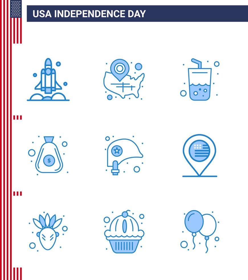 Set of 9 USA Day Icons American Symbols Independence Day Signs for cash money wisconsin dollar summer Editable USA Day Vector Design Elements