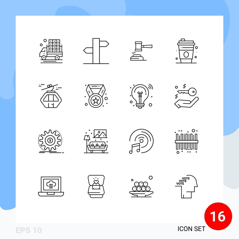 Mobile Interface Outline Set of 16 Pictograms of drink legal action law hammer Editable Vector Design Elements