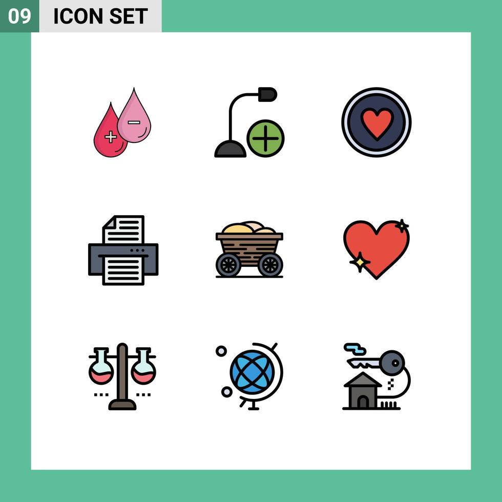 Group of 9 Filledline Flat Colors Signs and Symbols for trolley print gadget device heart Editable Vector Design Elements