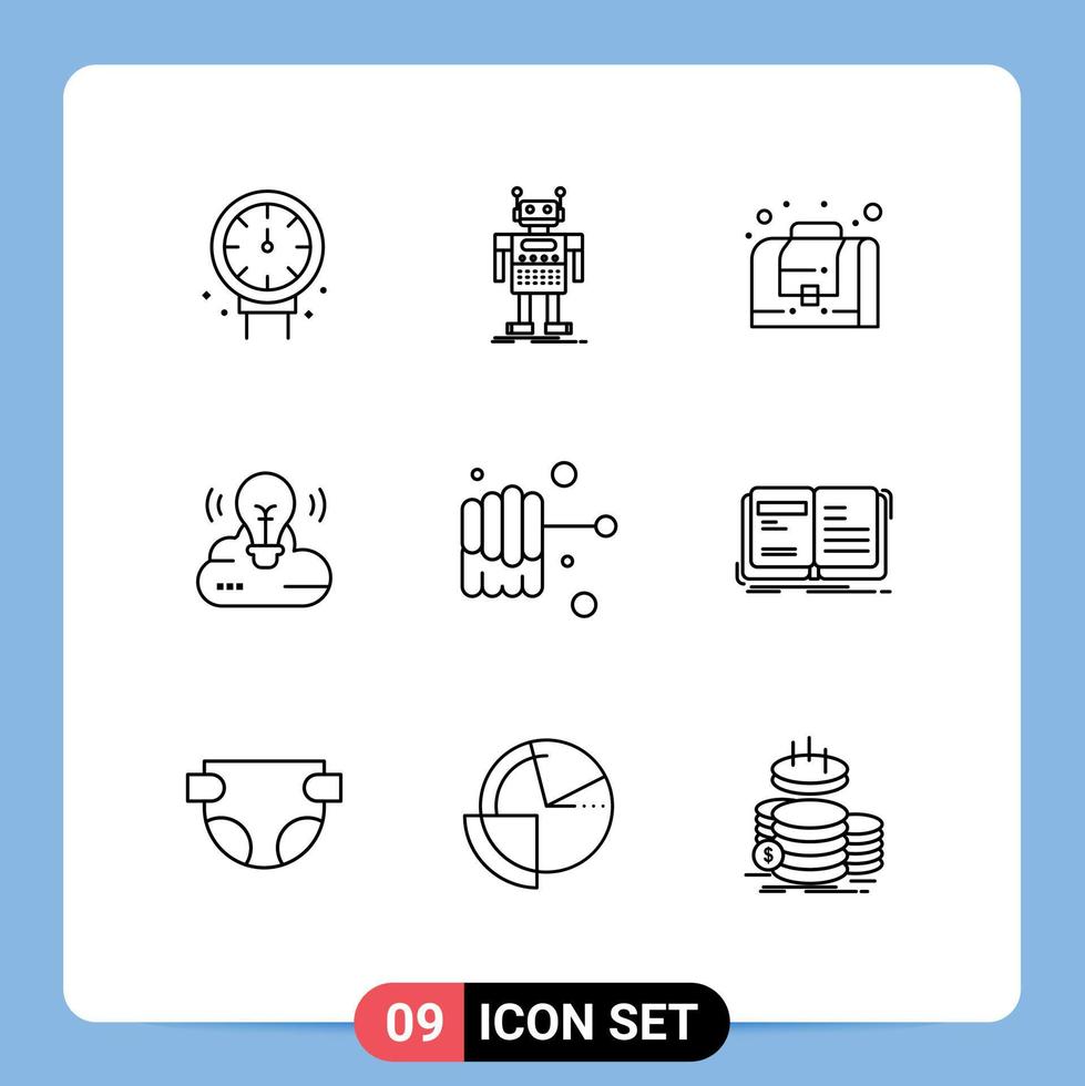 paquete de 9 signos y símbolos de contornos modernos para medios de impresión web, como la tecnología de campaña creativa de miel, elementos de diseño de vectores editables de bulbo creativo en la nube