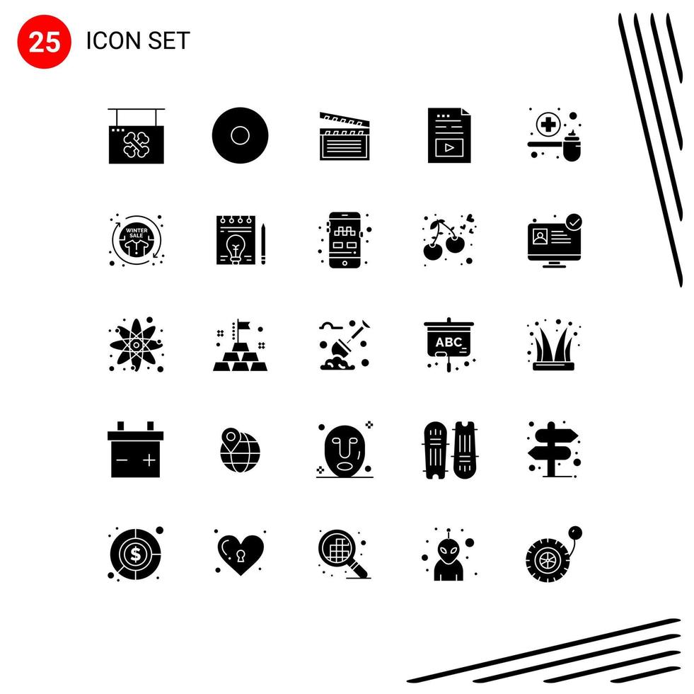 Universal Icon Symbols Group of 25 Modern Solid Glyphs of feeding music movis multimedia file Editable Vector Design Elements