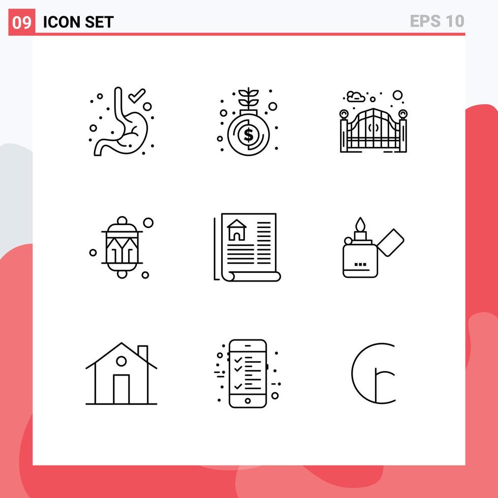 Universal Icon Symbols Group of 9 Modern Outlines of estate light gate lantern decoration Editable Vector Design Elements