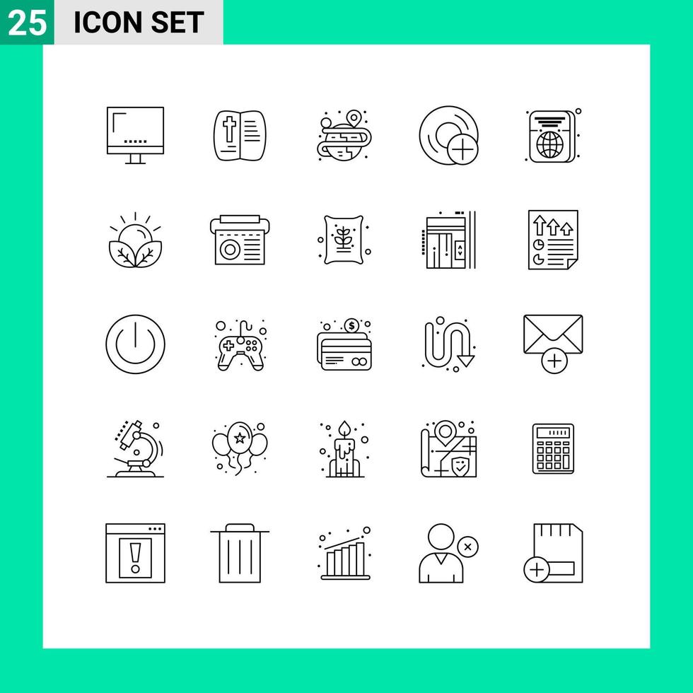 Pack of 25 Modern Lines Signs and Symbols for Web Print Media such as gadget devices nature computers map Editable Vector Design Elements