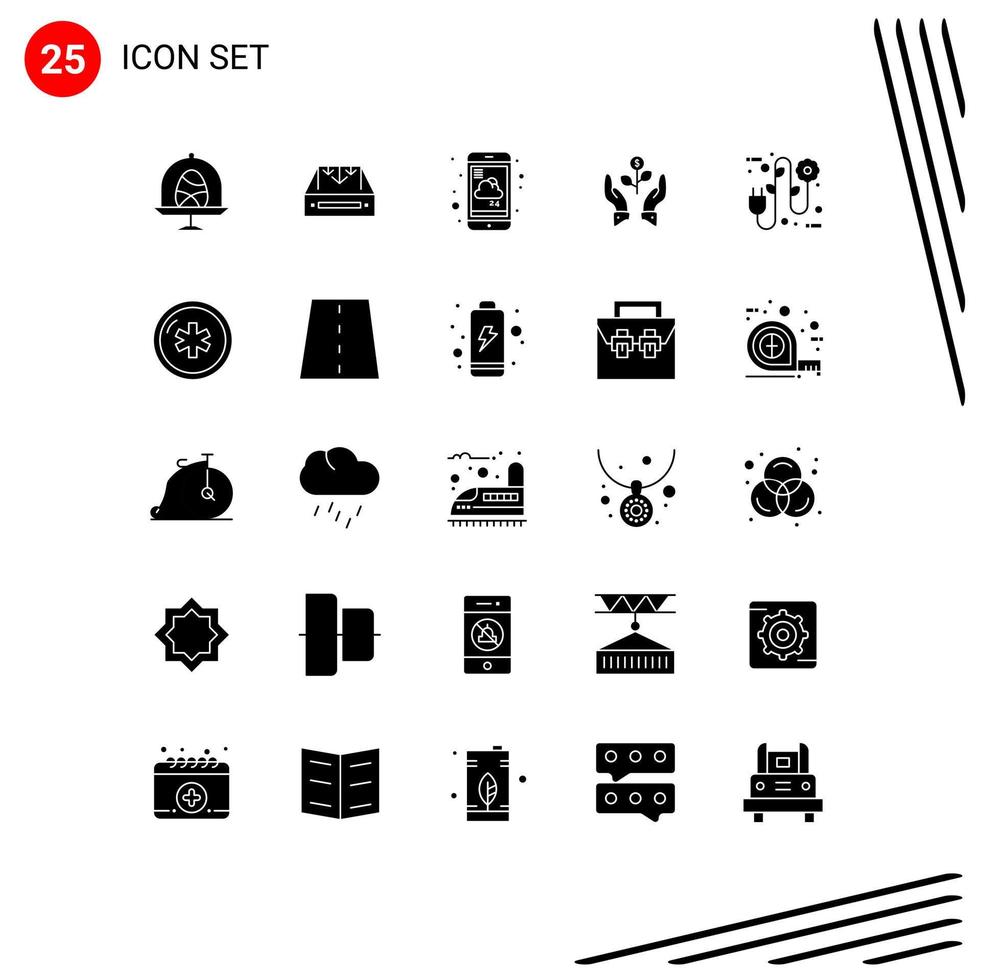 25 User Interface Solid Glyph Pack of modern Signs and Symbols of grow growth delivery weather report Editable Vector Design Elements