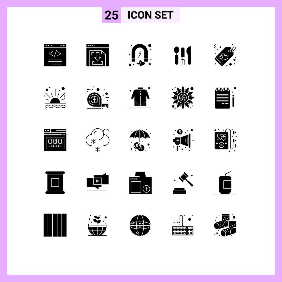 25 Universal Solid Glyph Signs Symbols of travel hotel multimedia cutlery magnet Editable Vector Design Elements