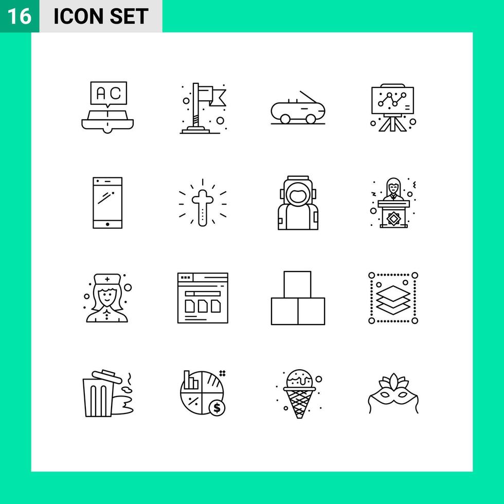 Mobile Interface Outline Set of 16 Pictograms of android smart phone cabriolet phone chart Editable Vector Design Elements