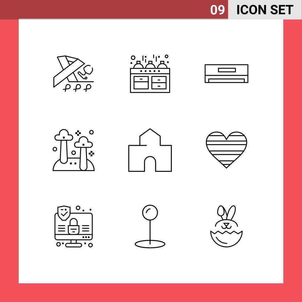 Group of 9 Outlines Signs and Symbols for building nature air conditioner mushroom food Editable Vector Design Elements