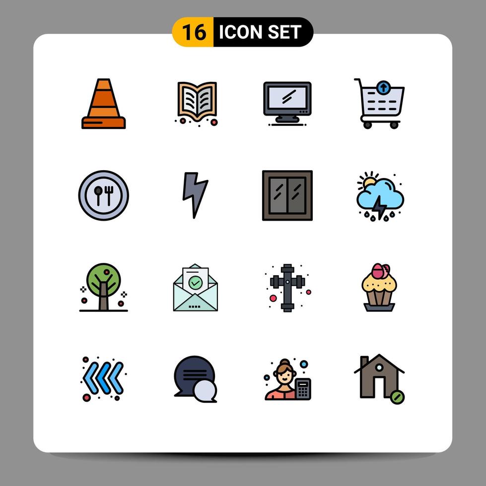 16 iconos creativos, signos y símbolos modernos de cuchillo, monitor de alimentos, carrito de compras, pago, elementos de diseño de vectores creativos editables