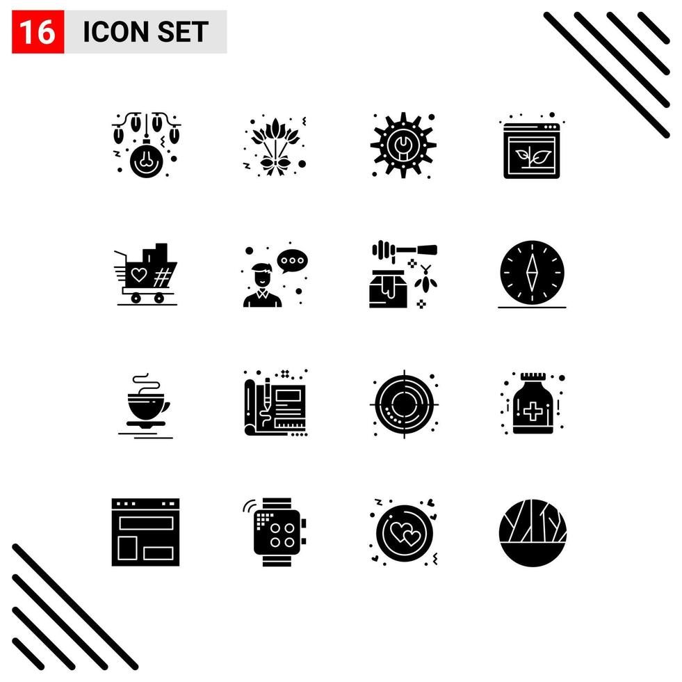 Mobile Interface Solid Glyph Set of 16 Pictograms of heart love gear trolly growth Editable Vector Design Elements