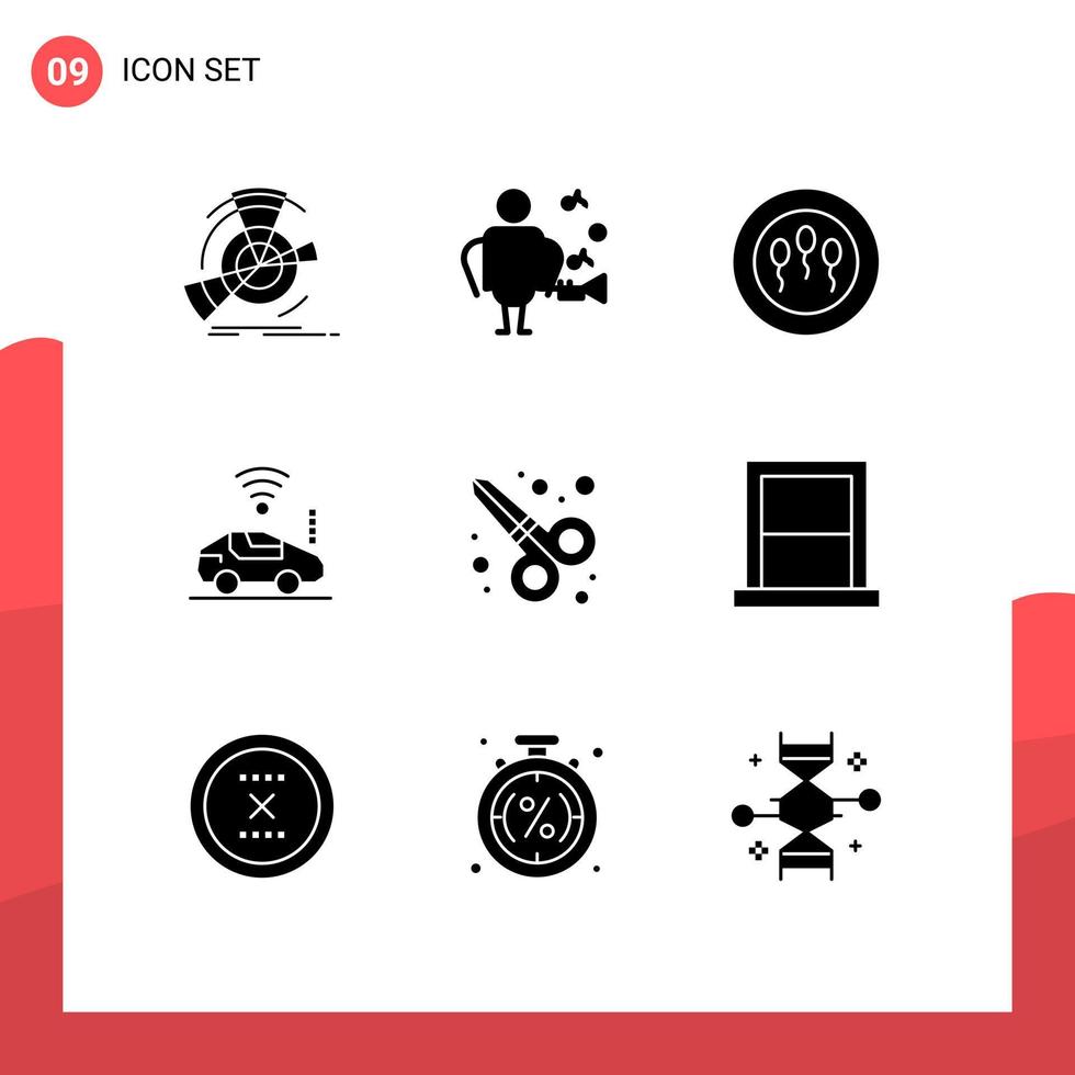 9 Universal Solid Glyph Signs Symbols of scissors graphic design sperms signal car Editable Vector Design Elements