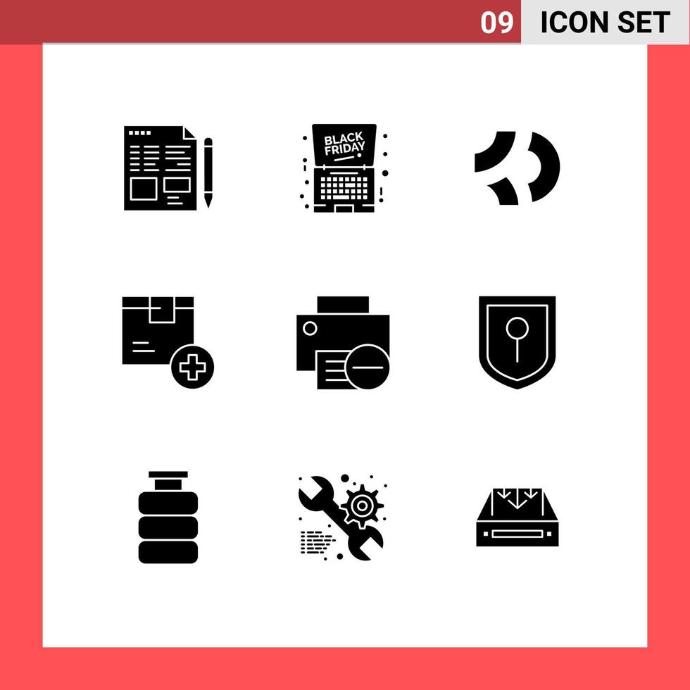 Modern Set of 9 Solid Glyphs Pictograph of product delivery offer box crypto currency Editable Vector Design Elements