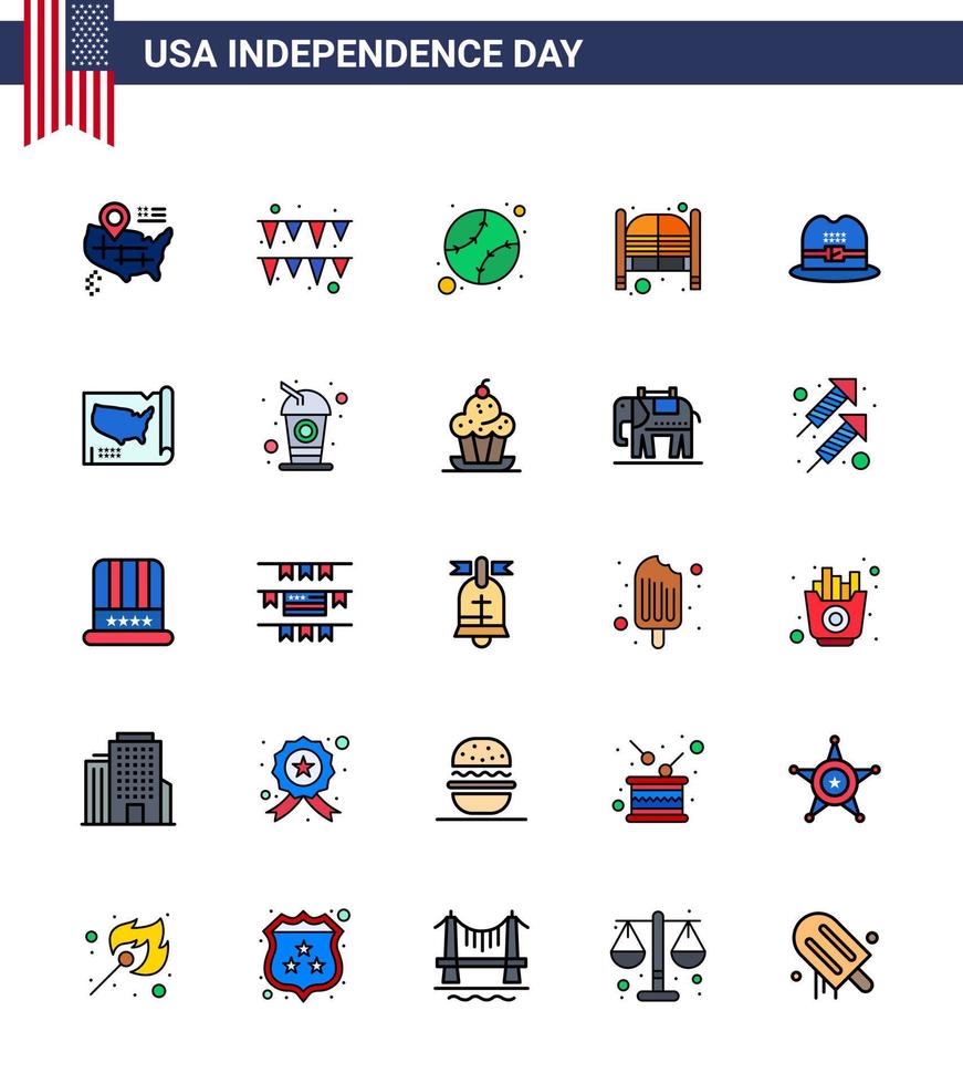 25 USA Flat Filled Line Pack of Independence Day Signs and Symbols of american hat states entrance saloon Editable USA Day Vector Design Elements
