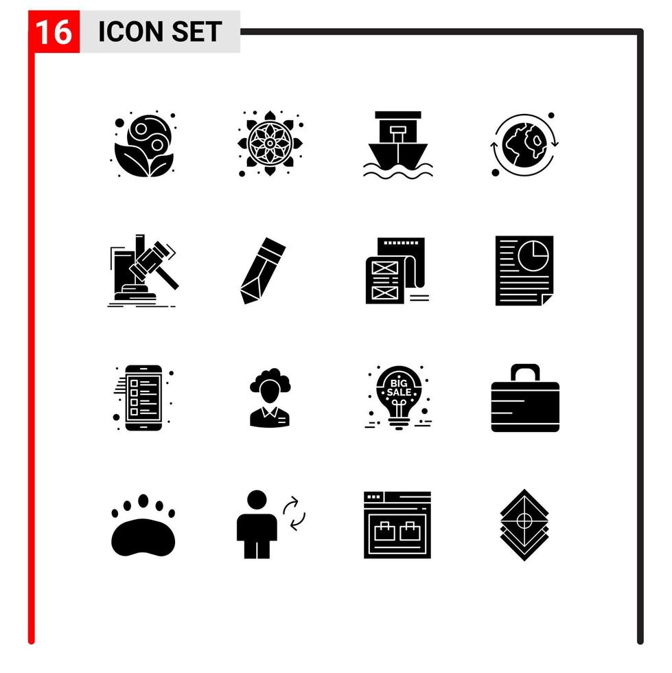 Mobile Interface Solid Glyph Set of 16 Pictograms of hammer auction ship world earth Editable Vector Design Elements