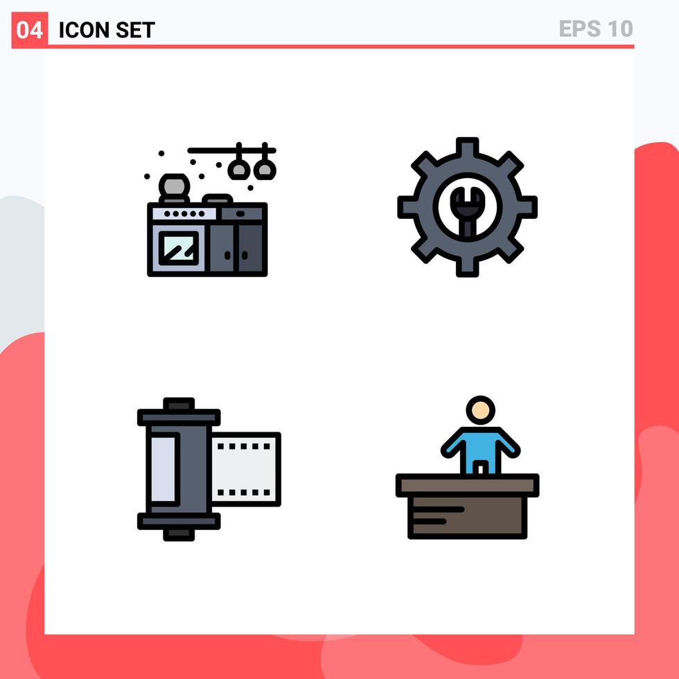 Pictogram Set of 4 Simple Filledline Flat Colors of home roll gear camera desk Editable Vector Design Elements