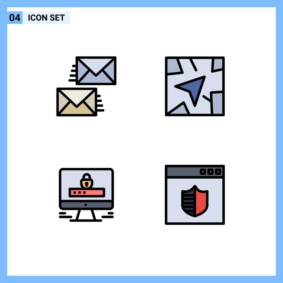 Set of 4 Commercial Filledline Flat Colors pack for communication internet email navigation security Editable Vector Design Elements