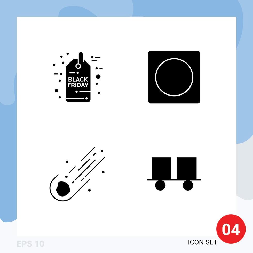Editable Vector Line Pack of 4 Simple Solid Glyphs of black friday astronomy sale tag layout space Editable Vector Design Elements