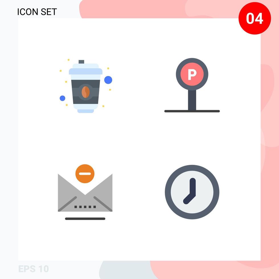 4 User Interface Flat Icon Pack of modern Signs and Symbols of coffee mail hotel sign clock Editable Vector Design Elements