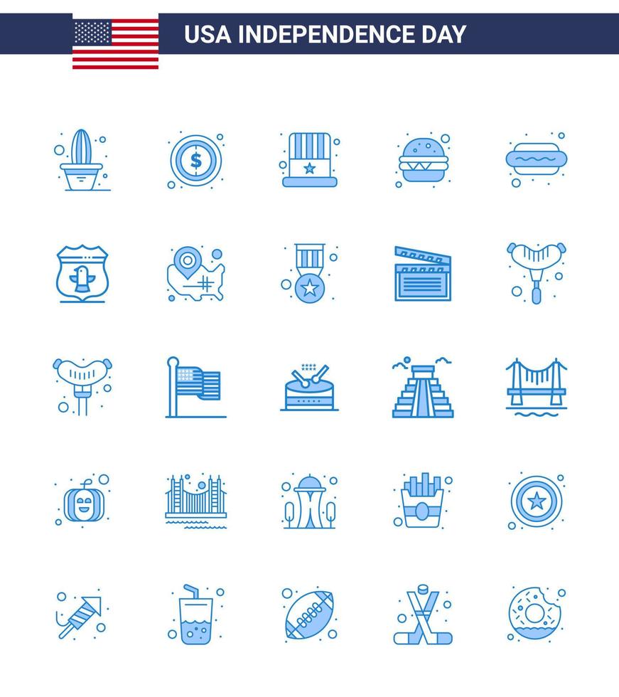 Pack of 25 creative USA Independence Day related Blues of food hot dog american meal burger Editable USA Day Vector Design Elements