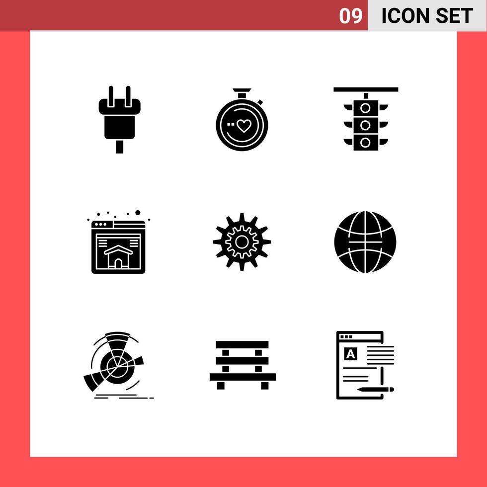 Pack of 9 Modern Solid Glyphs Signs and Symbols for Web Print Media such as settings page wedding home traffic Editable Vector Design Elements