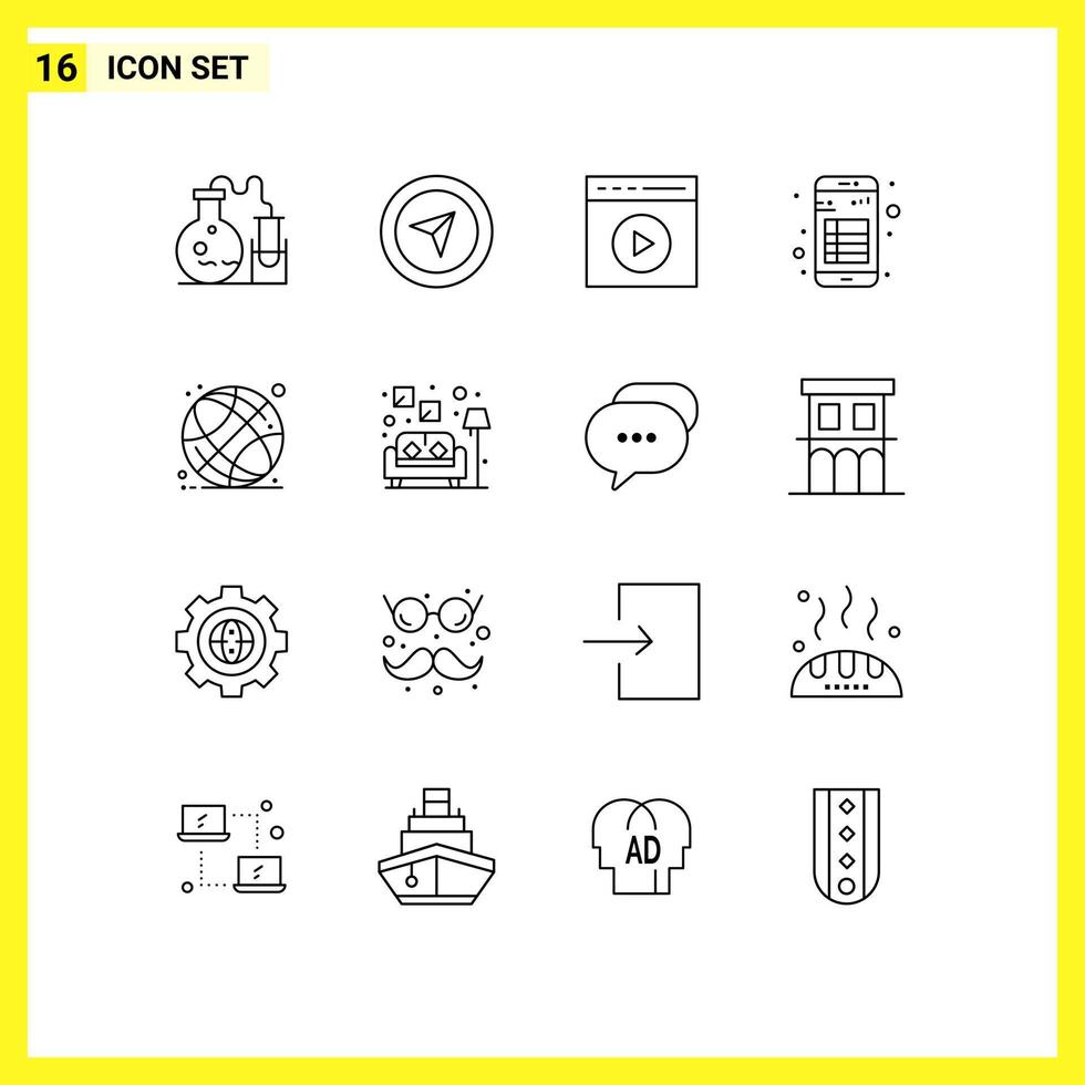 Group of 16 Modern Outlines Set for world globe note media play interface app Editable Vector Design Elements