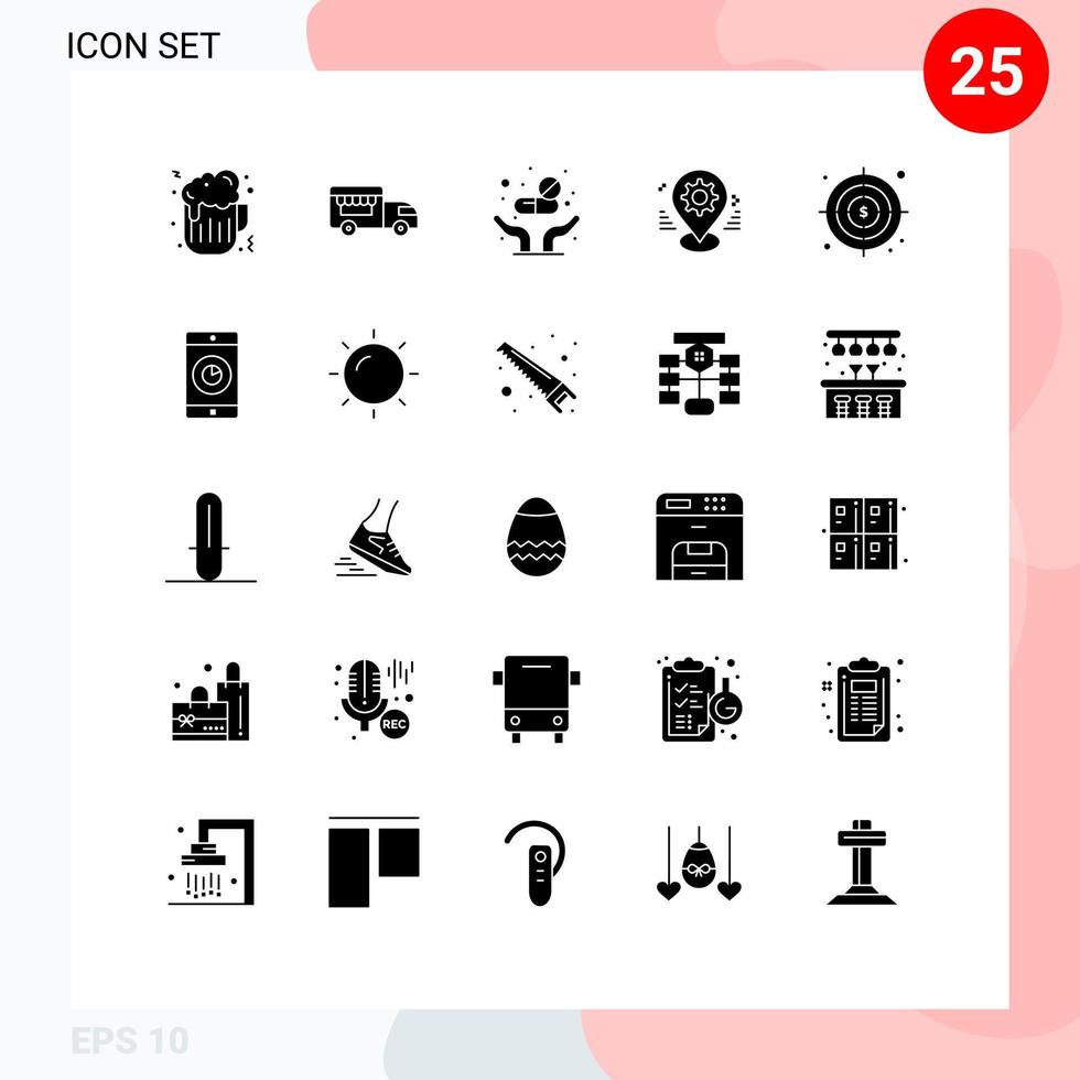 Pack of 25 Modern Solid Glyphs Signs and Symbols for Web Print Media such as target business tablets setting map Editable Vector Design Elements