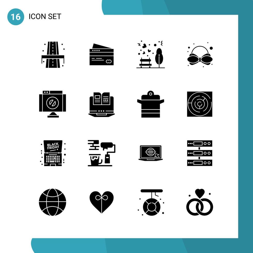 Vector Pack of 16 Glyph Symbols Solid Style Icon Set on White Background for Web and Mobile