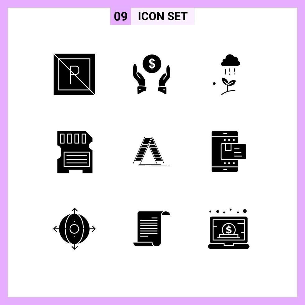 conjunto de 9 iconos de interfaz de usuario modernos símbolos signos para memoria de escalera nube lluvia hardware lluvia elementos de diseño vectorial editables vector