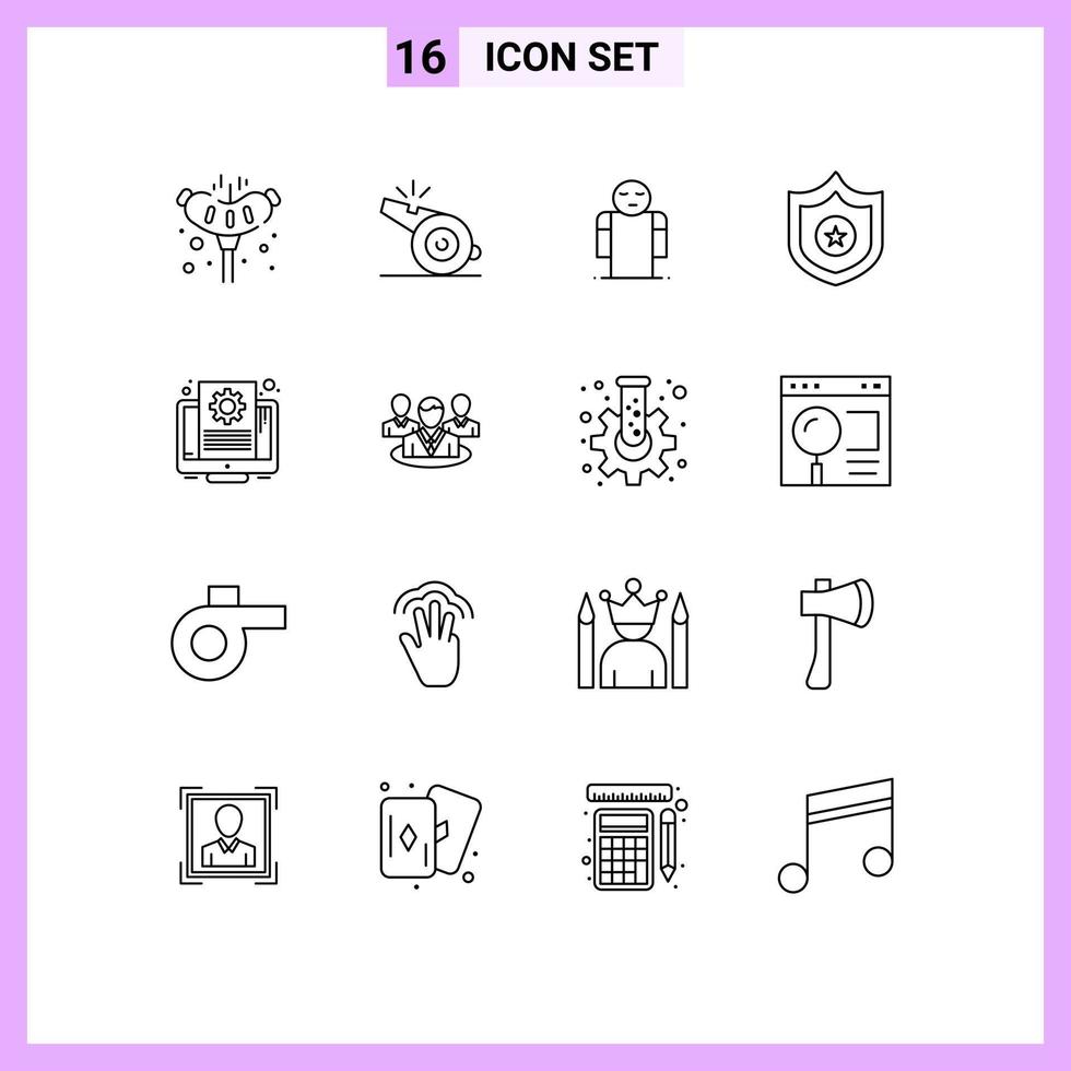 User Interface Pack of 16 Basic Outlines of setting document arms shield police Editable Vector Design Elements