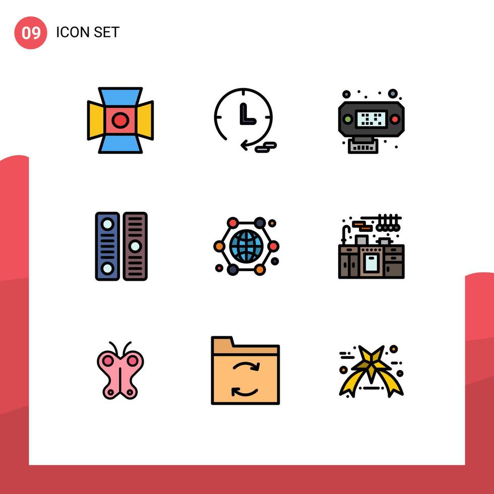 conjunto de colores planos de línea de relleno de interfaz móvil de 9 pictogramas de documentos de comunicación de datos de conexión a Internet elementos de diseño vectorial editables vector