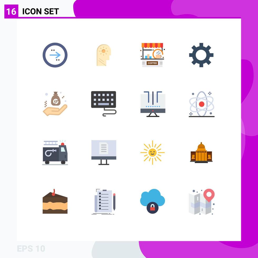 Universal Icon Symbols Group of 16 Modern Flat Colors of bag gear setting cog counter Editable Pack of Creative Vector Design Elements