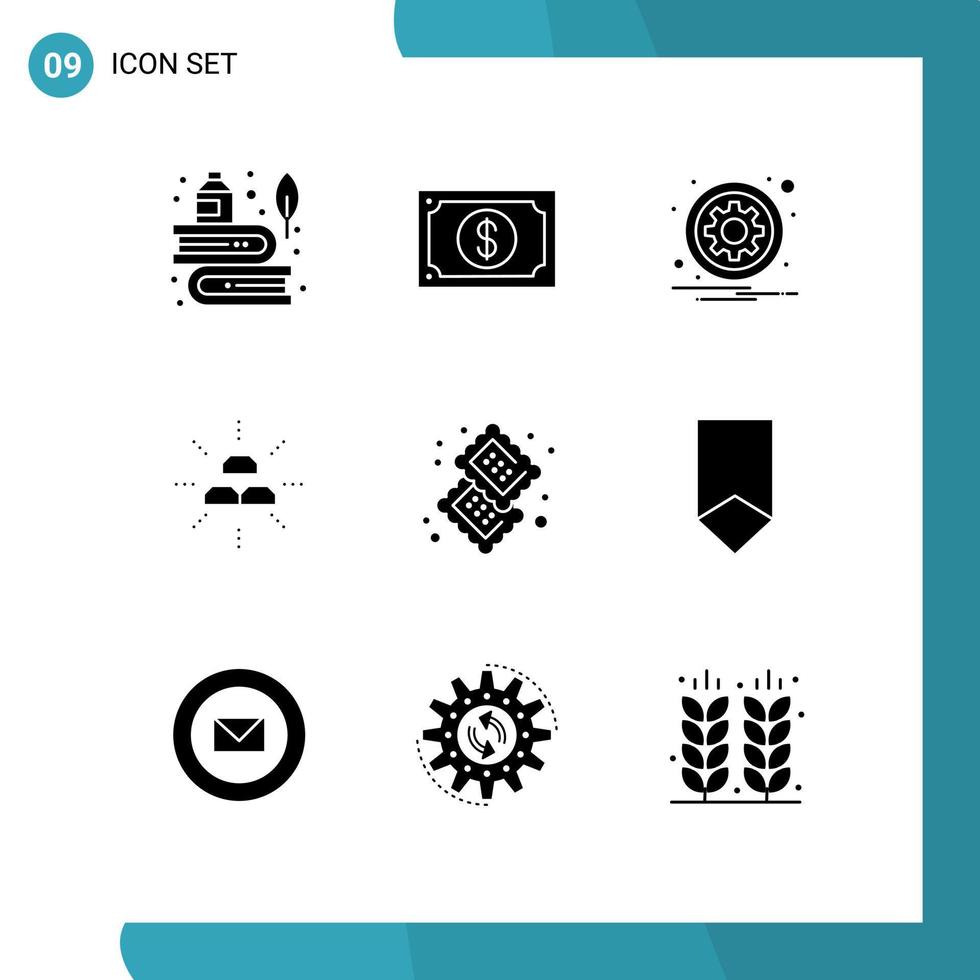 Set of 9 Vector Solid Glyphs on Grid for gold bars watch options sign Editable Vector Design Elements
