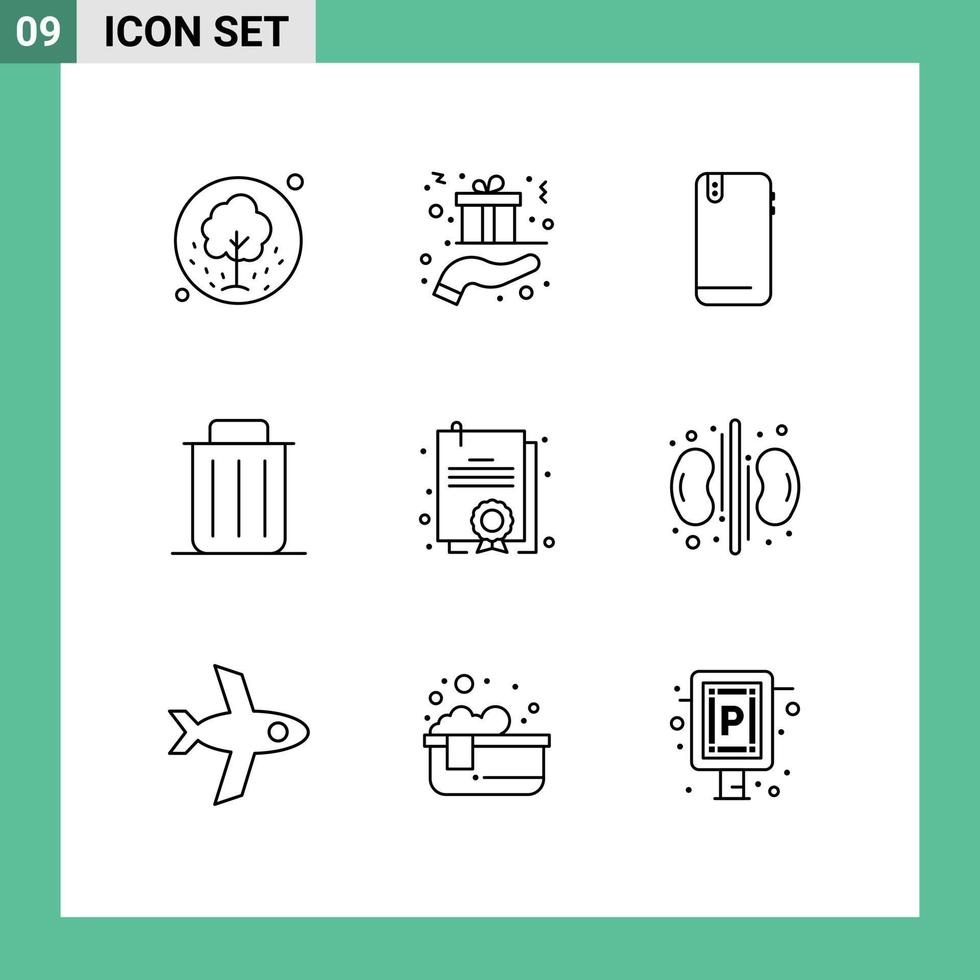 paquete de 9 signos y símbolos de contornos modernos para medios de impresión web, como reciclar, eliminar, devolver, elementos de diseño de vectores editables móviles