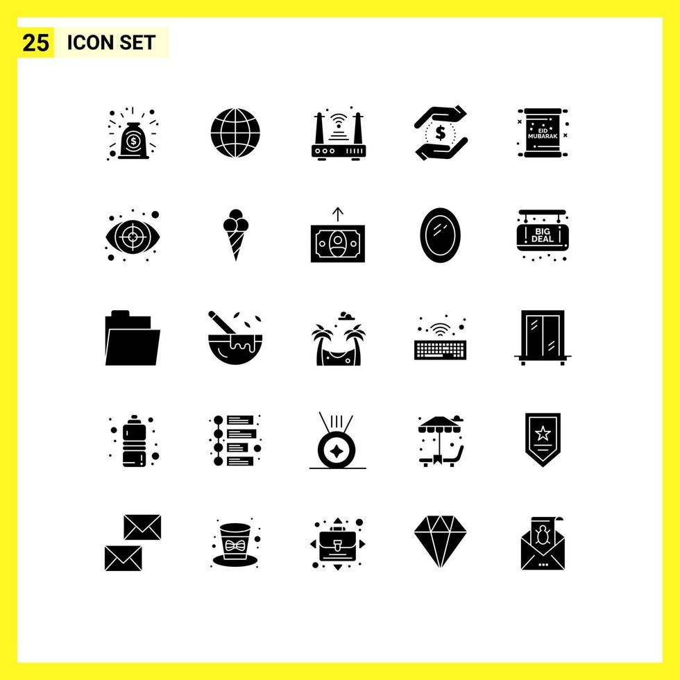User Interface Pack of 25 Basic Solid Glyphs of invitation money iot hand currency Editable Vector Design Elements