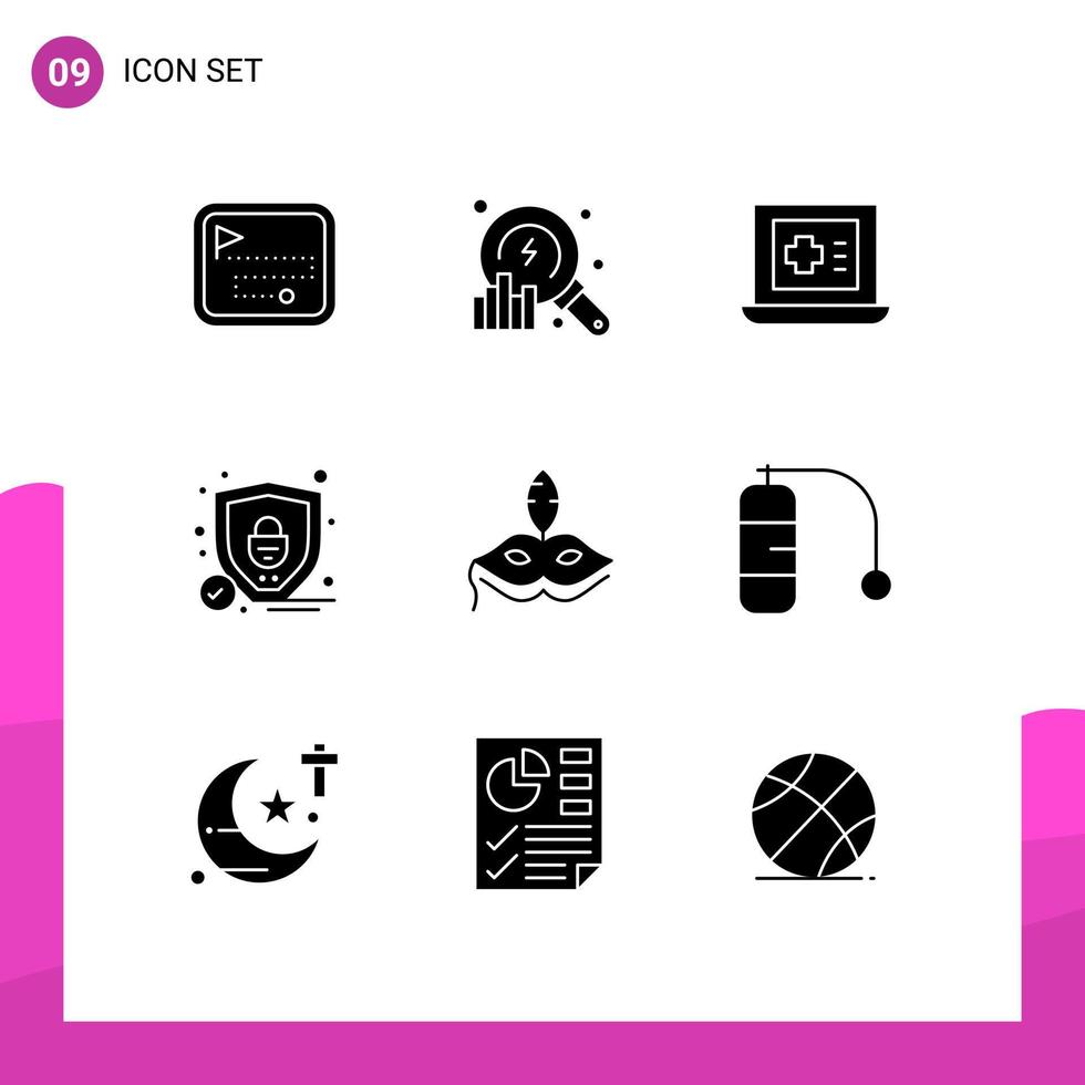 User Interface Pack of 9 Basic Solid Glyphs of mardigras costume laptop mask security Editable Vector Design Elements