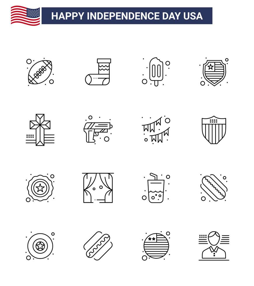 Happy Independence Day USA Pack of 16 Creative Lines of gun cross ice cream american protection Editable USA Day Vector Design Elements