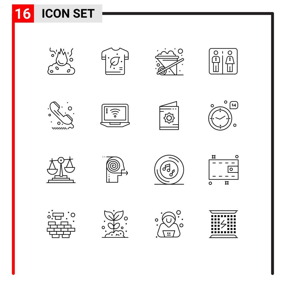 Set of 16 Modern UI Icons Symbols Signs for call machine energy elevator wheelbarrow Editable Vector Design Elements