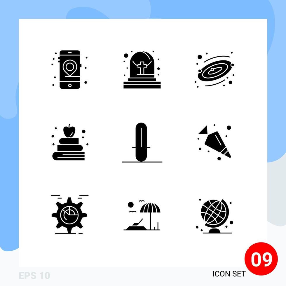 Mobile Interface Solid Glyph Set of 9 Pictograms of food weapon planet star wars education Editable Vector Design Elements