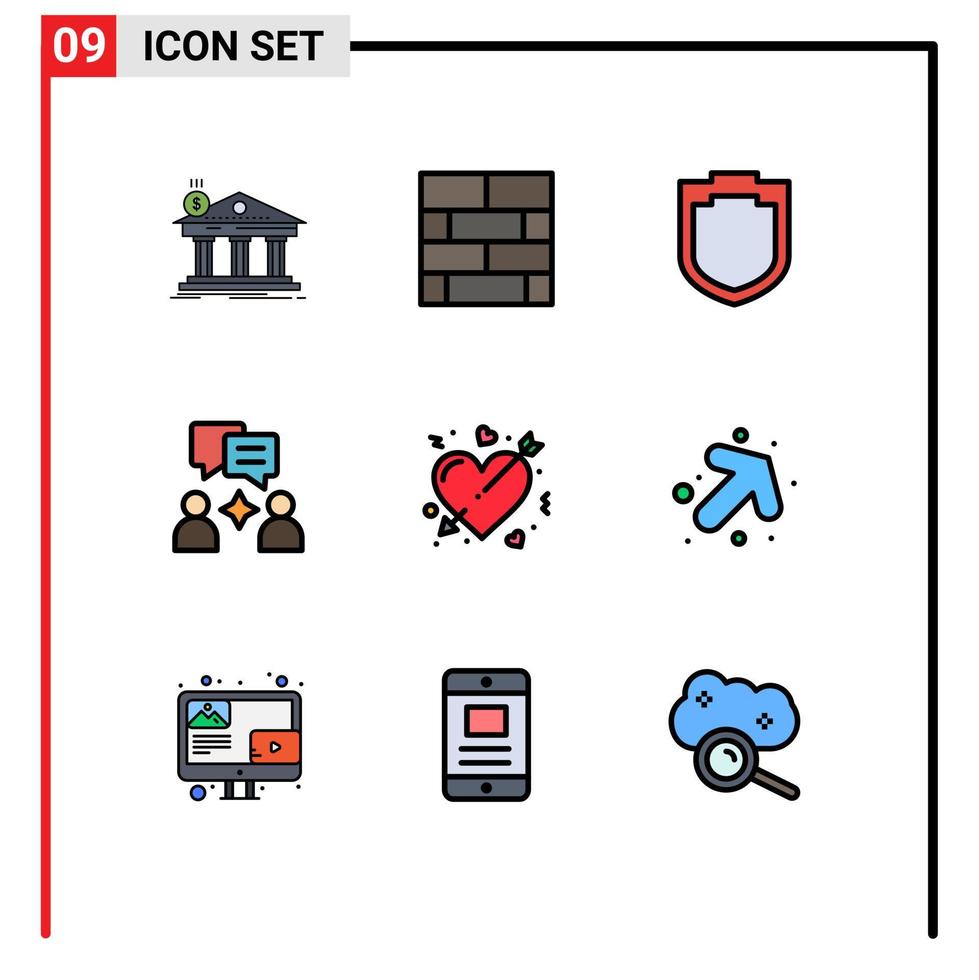 Modern Set of 9 Filledline Flat Colors Pictograph of heart arrow strategy chatting man Editable Vector Design Elements