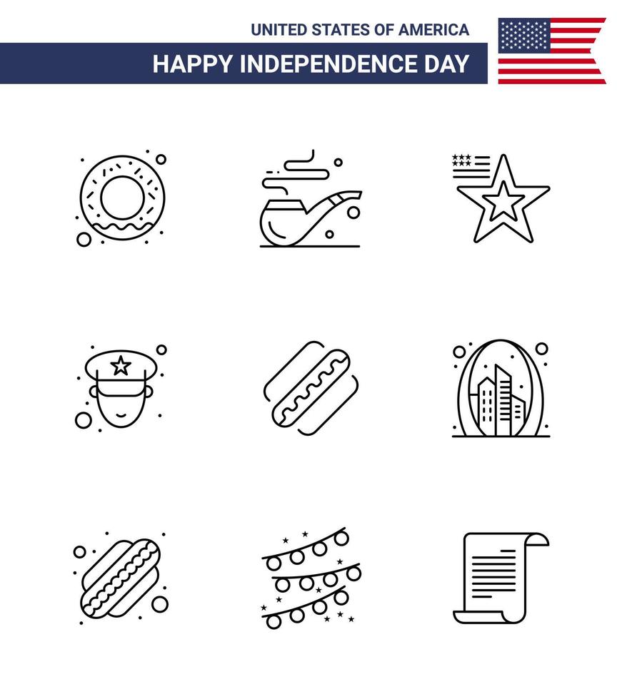 Editable Vector Line Pack of USA Day 9 Simple Lines of arch hotdog flag american police Editable USA Day Vector Design Elements