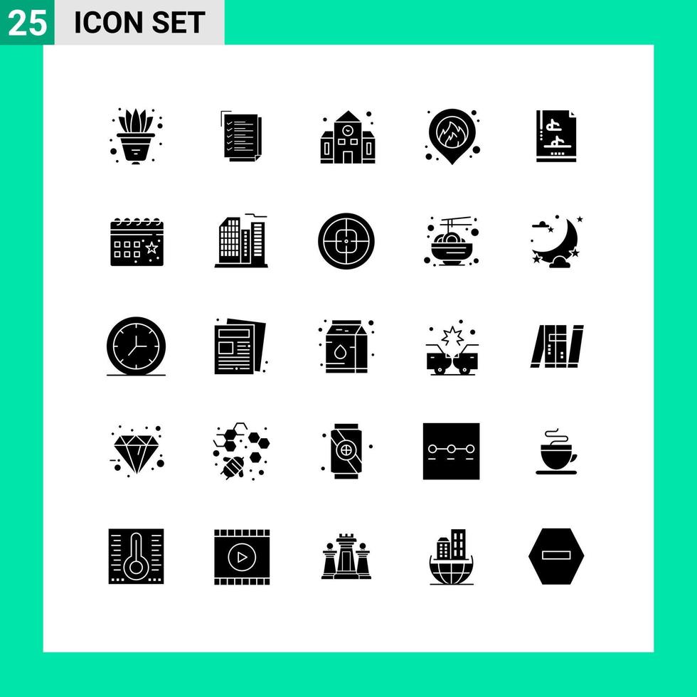 User Interface Pack of 25 Basic Solid Glyphs of multimedia file document school map fire Editable Vector Design Elements