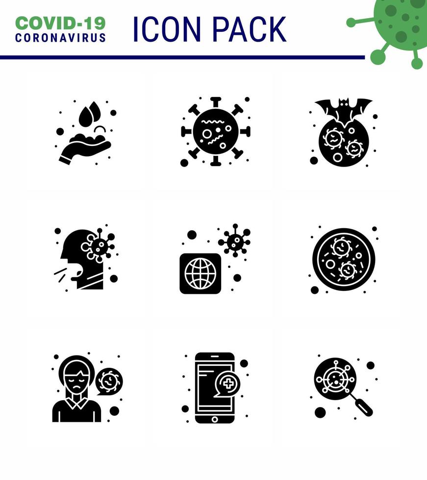 9 Solid Glyph Black viral Virus corona icon pack such as people healthcare microorganism cough virus viral coronavirus 2019nov disease Vector Design Elements